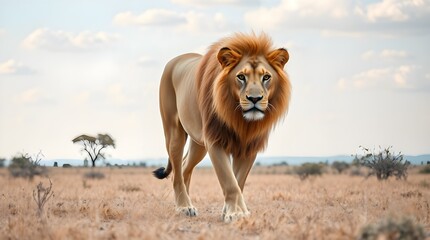 awe-inspiring majesty of a lion gracefully traversing vast expanse of African savanna, its powerful gait resonating with golden hues of surrounding grasses