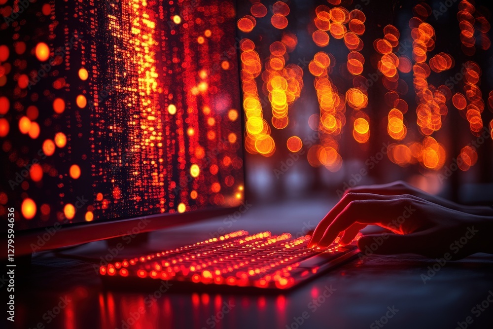 Poster cybersecurity, illuminated keyboard, data stream on monitor, nighttime bokeh. intriguing red glow, c