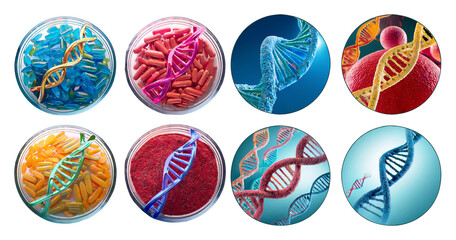 Colorful Microscopic DNA Structures in Petri Dishes for Research, isolated on transparent background