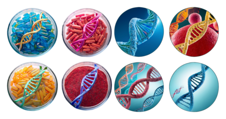 Colorful Microscopic DNA Structures in Petri Dishes for Research, isolated on transparent background