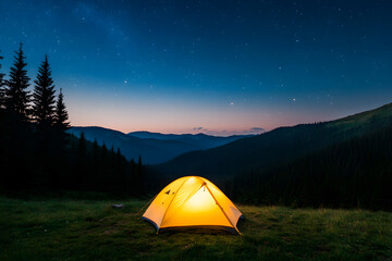 Illuminated tent under starry night in mountains, peaceful camping, adventure awaits, enjoy nature's beauty, a serene escape.