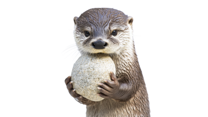 Cute otter holds stone while sitting upright