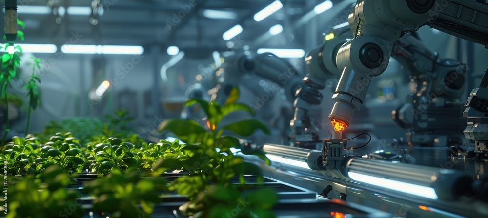 Poster automated robotic arms enhancing hydroponic farming with precision and advanced technology