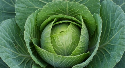 Obraz premium Vibrant close-up of a fresh, leafy green cabbage head in natural light