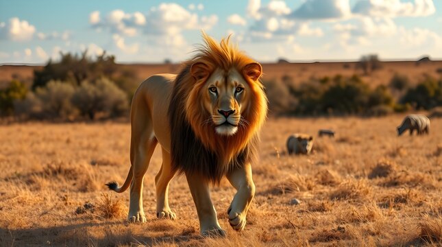 awe-inspiring majesty of a lion gracefully traversing vast expanse of African savanna, its powerful gait resonating with golden hues of surrounding grasses