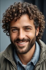 arafed man with curly hair and beard smiling at the camera