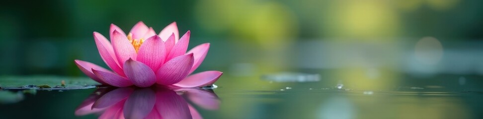 Fototapeta premium Serene pink lotus blossom floats on calm water surface, tranquility, floating