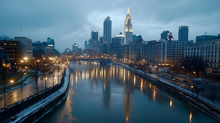 Naklejka premium City river dawn, snowy banks, buildings reflecting, winter cityscape