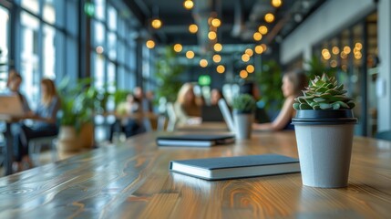 Modern office space, collaborative workspace,  people working, meeting, casual environment,  natural light, plants, wooden table, notebook,  coffee cup.