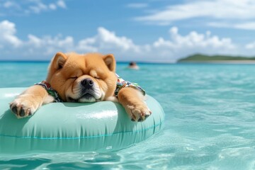 Chow Chow dog relaxing, napping on inflatable ring in turquoise ocean, wearing tropical shirt, enjoying summer vacation.