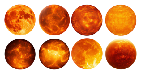Various Artistic Representations of the Sun and Its Surface Effects, isolated on transparent background