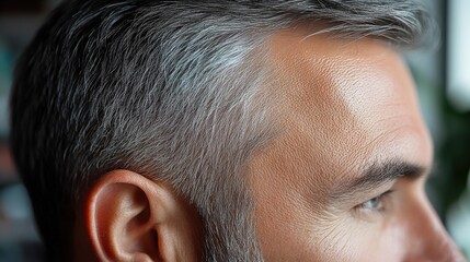 Close-up view of a balding scalp with short gray hair on a white background