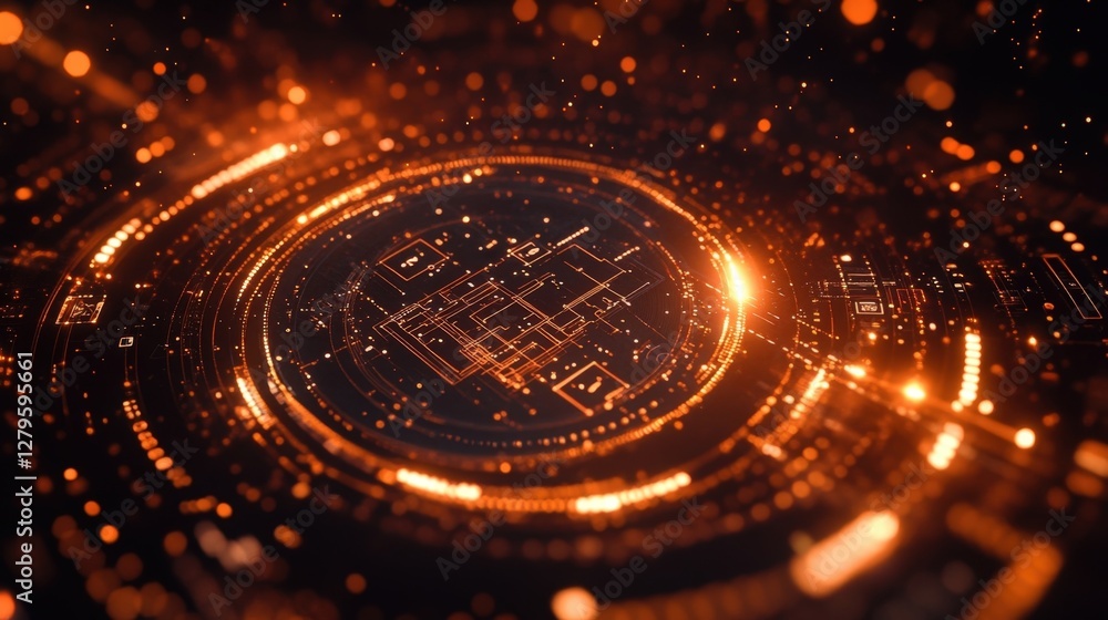 Poster futuristic head up display interface featuring rotating concentric circles with glowing orange light