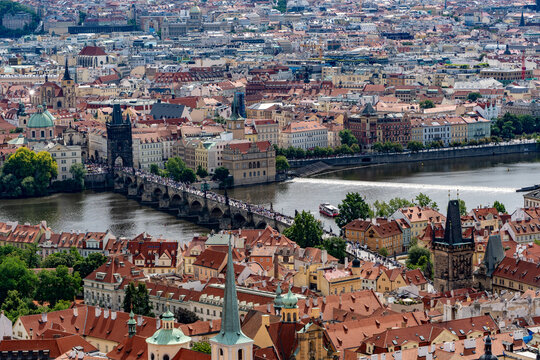Panorama of Prague with river and brige