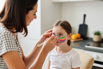 A nurturing Hispanic mother carefully paints colorful stripes on her young daughter's face in a bright kitchen, enhancing the child's playful spirit before a fun celebration.