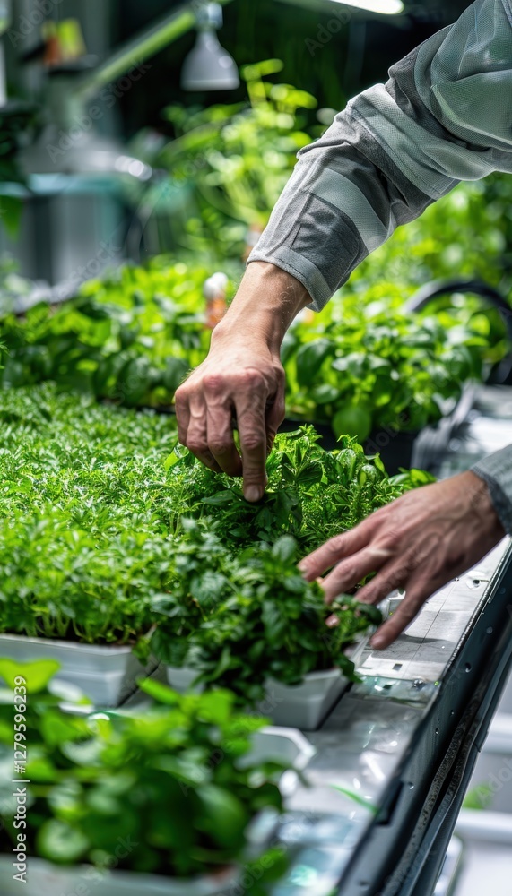 Poster tech-driven hydroponic gardening: hands adjusting controls in modern greenhouse setting