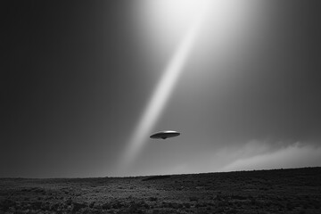 Unidentified flying object hovers silently over a deserted field under a beam of light