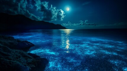 Obraz premium Night Glow Bioluminescent Sea Moonlit Coast
