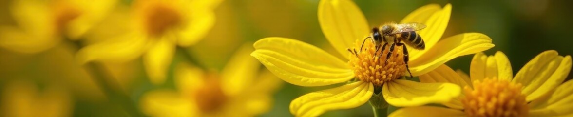 Bee collecting pollen from Cornus flowers in sunlight, floral, pollen