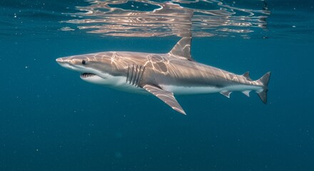 Fototapeta premium Great White Shark gliding gracefully beneath the water's shimmering surface