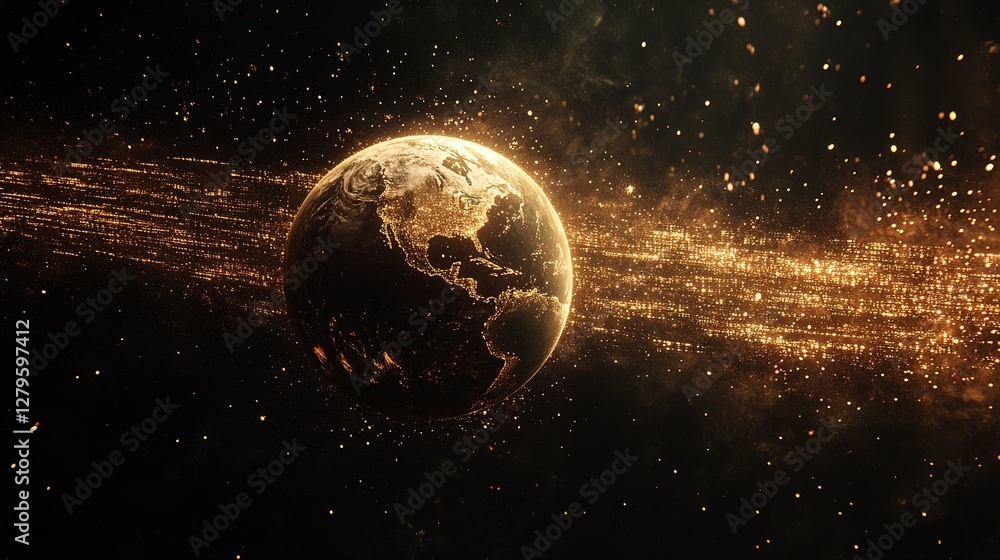 Aufkleber 3d hologram of earth rotating surrounded by glowing data streams in space