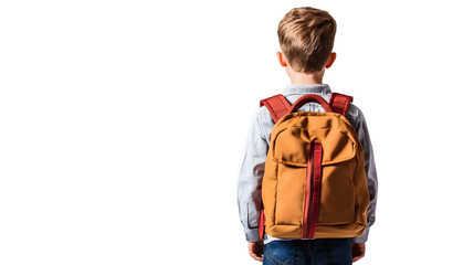 young boy wearing a backpack is seen from behind on a white background with copy space for text. back to school concept.