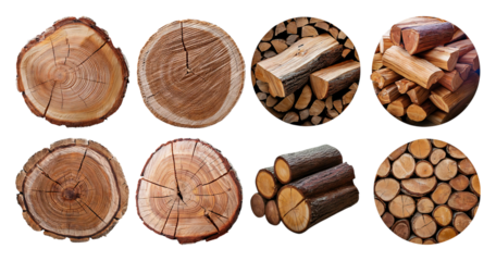 Close-Up of Natural Wood Logs and Cross Sections on White Background, isolated on transparent background