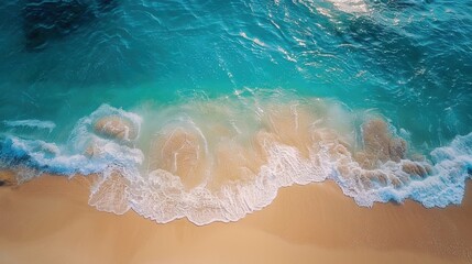Drone shot of a beautiful tropical beach. The clear blue sea sparkles under the sun, waves gently rolling onto the sandy shore. A perfect scene