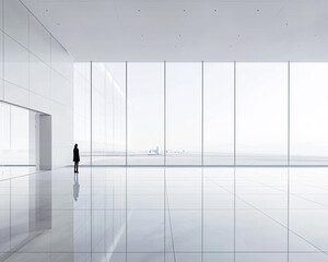 Fototapeta premium A person standing in a minimalist modern airport terminal with large glass windows showcasing an aircraft on the runway, symbolizing travel and solitude in a serene environment.