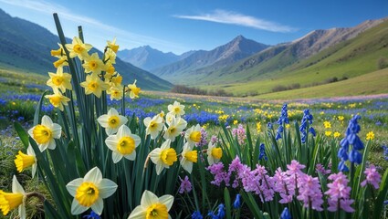 Fototapeta premium Vibrant Wildflower Mountain Meadow Springtime Panorama
