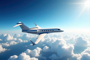 Obraz premium A Luxurious Private Jet Soaring Above Fluffy White Clouds in a Clear Blue Sky, Offering a Glimpse of Modern Aviation Experience and Travel Comfort