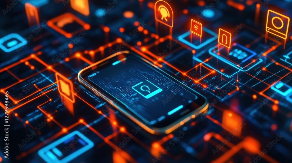 Poster futuristic circuit board with glowing lines and icons securing data on smartphone, enhancing cyber s