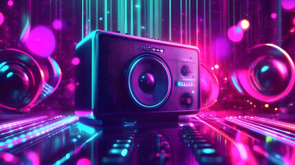 Music party poster template in neon colors. Music speaker with. Robotic sound system on background of digital lights. Background of disco musical banner
