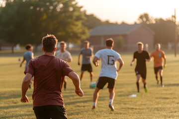 Soccer practice in a grassy field at sunrise or sunset. A group of young men are playing soccer, illuminated by soft, warm light, creating a vibrant and active scene.