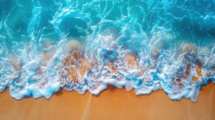 Naklejka premium Drone shot of a beautiful tropical beach. The clear blue sea sparkles under the sun, waves gently rolling onto the sandy shore. A perfect scene