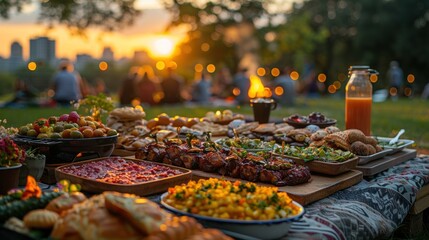 Outdoor picnic with diverse food spread at sunset.