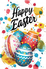 A vibrant easter day banner showcasing a collection of beautifully decorated eggs in bright colors. Festive text enhances the joyful spring theme, perfect for celebrations and greetings.