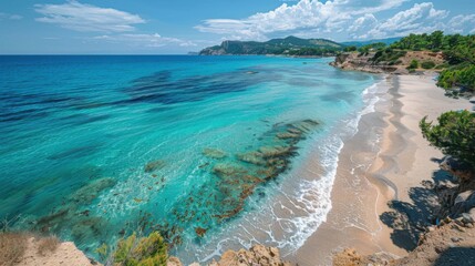 Obraz premium Drone shot of a beautiful tropical beach. The clear blue sea sparkles under the sun, waves gently rolling onto the sandy shore. A perfect scene