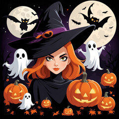 girl in a witch costume with pumpkins and bats