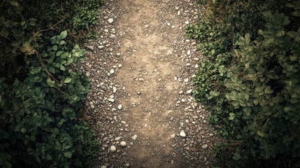 A high-detail aerial shot of a rugged dirt path, bordered by sparse vegetation and pebbles, captured with a cinematic photography style