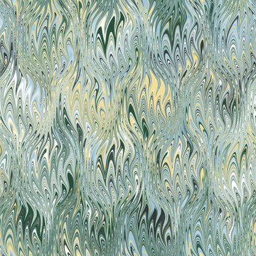 Seamless ebru marble pattern, combed conch effect. Rich greens, yellows, & whites create a fluid, organic texture.