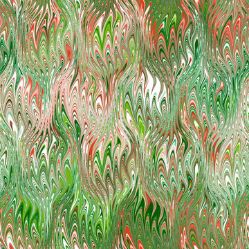 Seamless ebru marble pattern, combed conch effect. Festive red, green, & white create a fluid, organic texture.