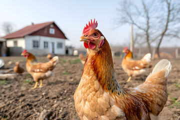 A flock of free-range chickens roam a rural farmyard under a bright sky, with a rustic farmhouse in the background. Chickens grazing in the morning.