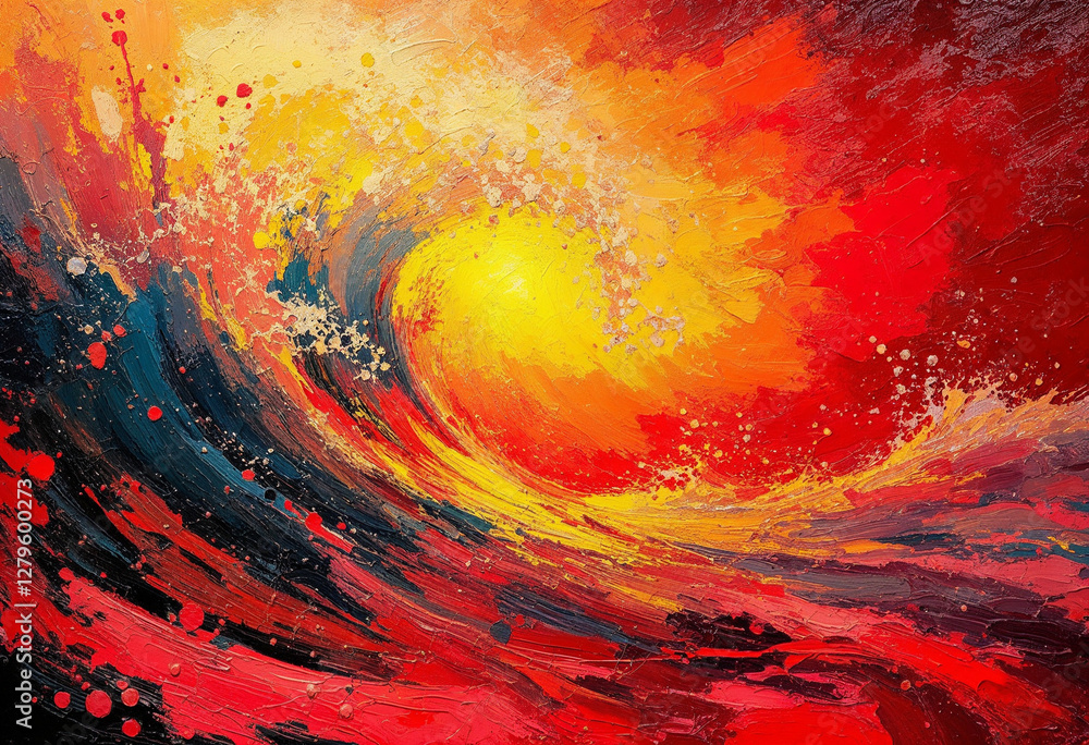 Poster abstract expressionist painting of a fiery ocean wave with vibrant red yellow and orange tones creat
