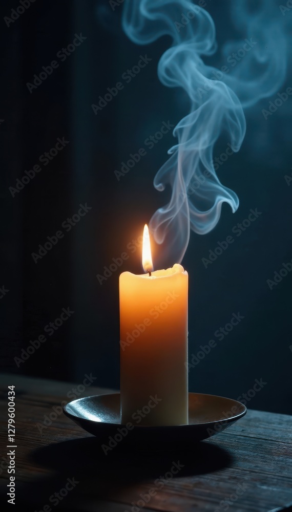 Wall mural Flickering candlelight illuminates swirling smoke in dark room , image, warm