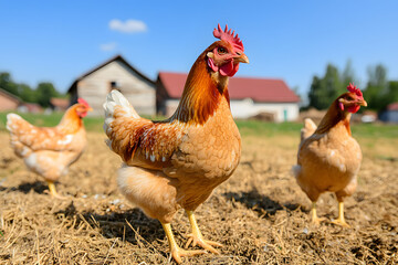 Free-range chickens roam a rural farmyard. One hen in the foreground stands prominently with a red comb and brown feathers, against a backdrop of farm buildings.