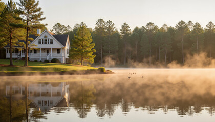 Fototapeta premium Serene lake house with early morning mist, tranquil lakeside living