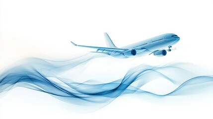 Airplane cruising above stylized waves in bright blue colors