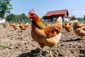 Fototapeta premium Free-range chickens roam a farmyard, pecking at the ground under a bright blue sky. A rustic barn adds to the rural scene.