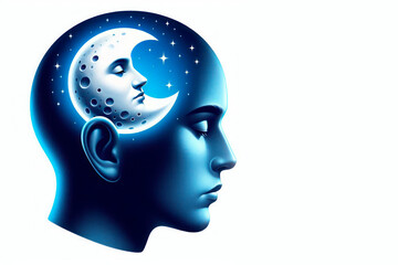 Profile of a person with the moon and stars in his head. Space for text.